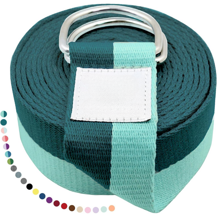 Long yoga band with D-ring buckle, essential for Pilates, stretching, and enhancing workout flexibility.