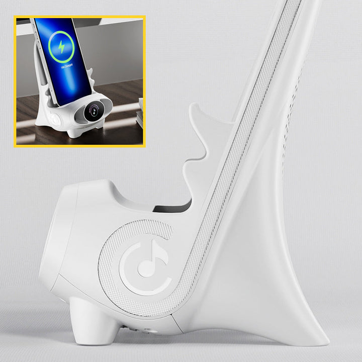 Smartphone charging on a sleek 15W fast wireless FlexCharge phone holder with adjustable stand.
