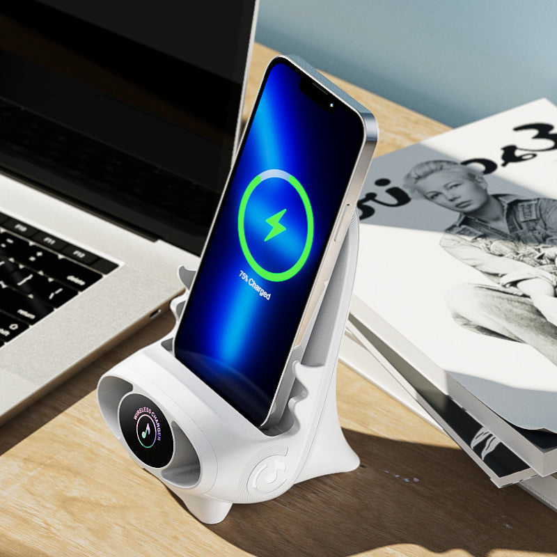 Adjustable FlexCharge stand with 15W fast wireless phone charger, perfect for any viewing angle.
