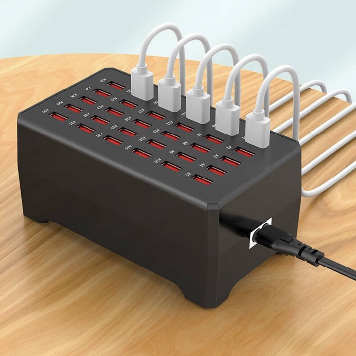 Universal 30-Port USB Charging Station ChargeMax 30, ideal for office or home with fast multi-device charging
