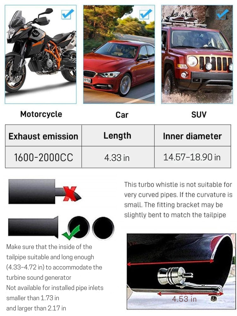 Give your vehicle a sporty edge with this universal exhaust turbo sound whistle. Auto tuning engine sound amplifier.