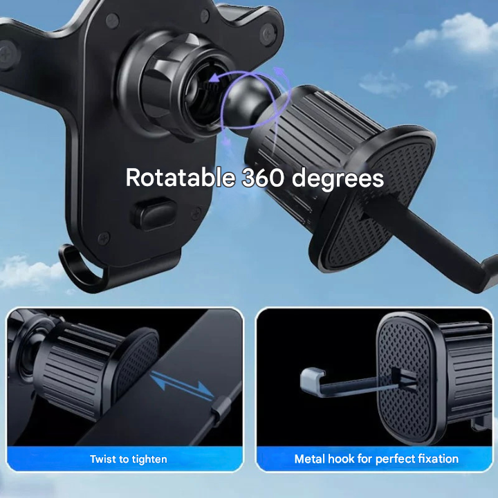 Black universal phone holder designed for easy car vent attachment, compatible with most smartphones.