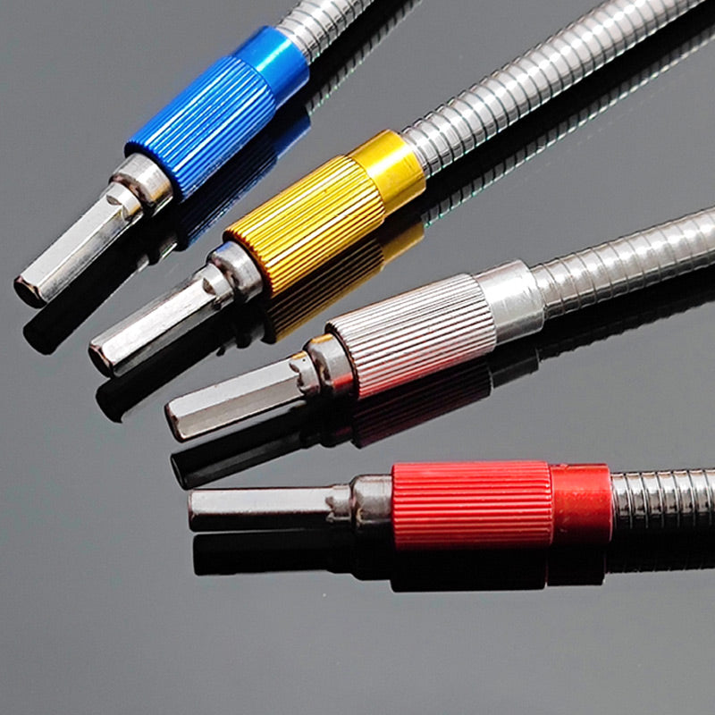 Magnetic universal extension bit holder for drills/screwdrivers, flexible carbon steel tool for home repair.