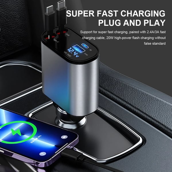 Compact retractable phone fast charger for cars. Supports USB-C & iPhone devices in any vehicle.