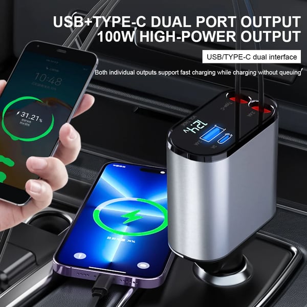 Retractable fast car charger providing quick power to smartphones, a convenient travel gadget.
