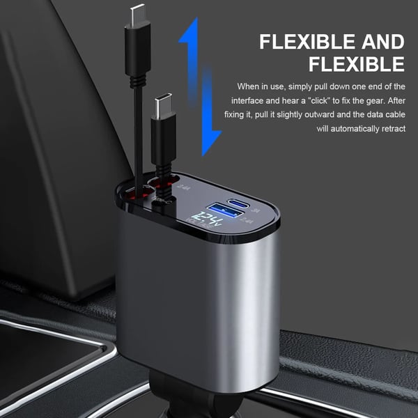 Sleek black universal retractable fast charger for car, ideal for charging iPhones & Androids on the go.