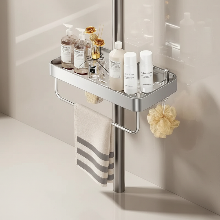 No-drilling shower caddy shelf holding toiletries, soap, and bath essentials securely.
