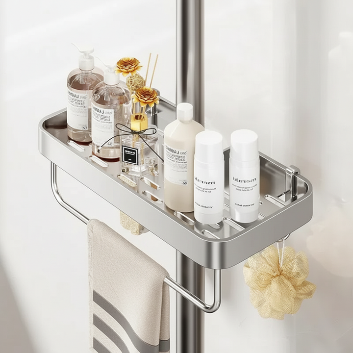 Close-up of a shower caddy shelf showing strong suction cups for drilling-free attachment.