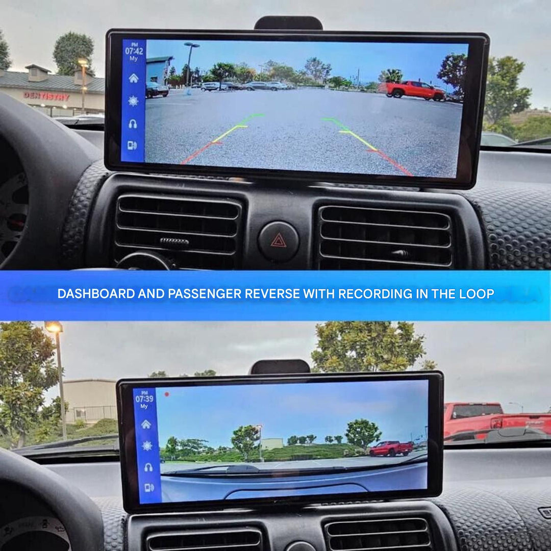 Universal wireless car accessory: CarPlay, Android Auto, navigation, dashcam, & reverse cam display.