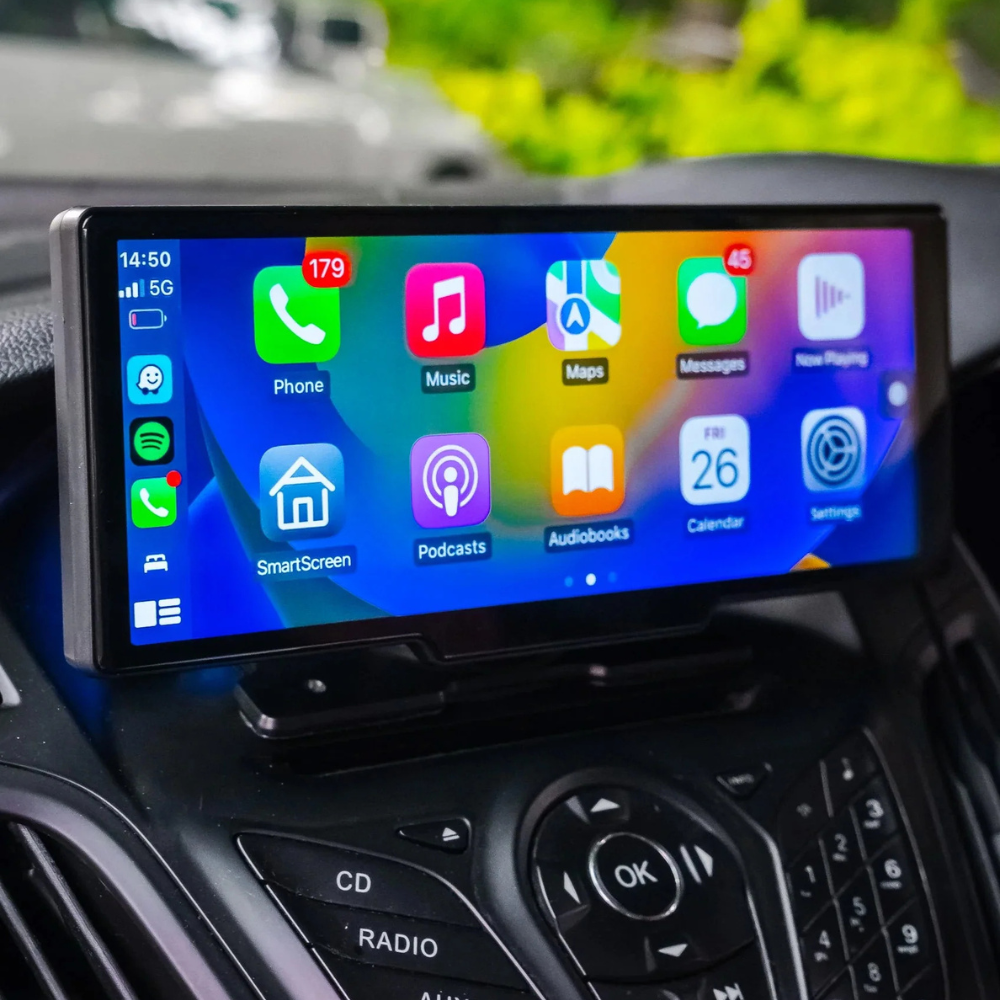 HD car screen with wireless CarPlay & Android Auto for smart navigation and media control.
