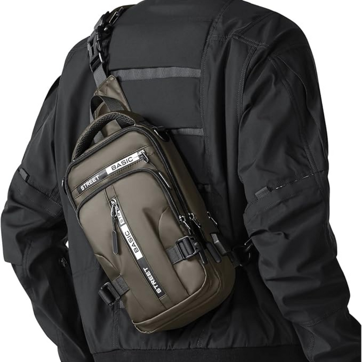 Stylish black compact crossbody bag with adjustable strap, suitable for casual wear or hiking