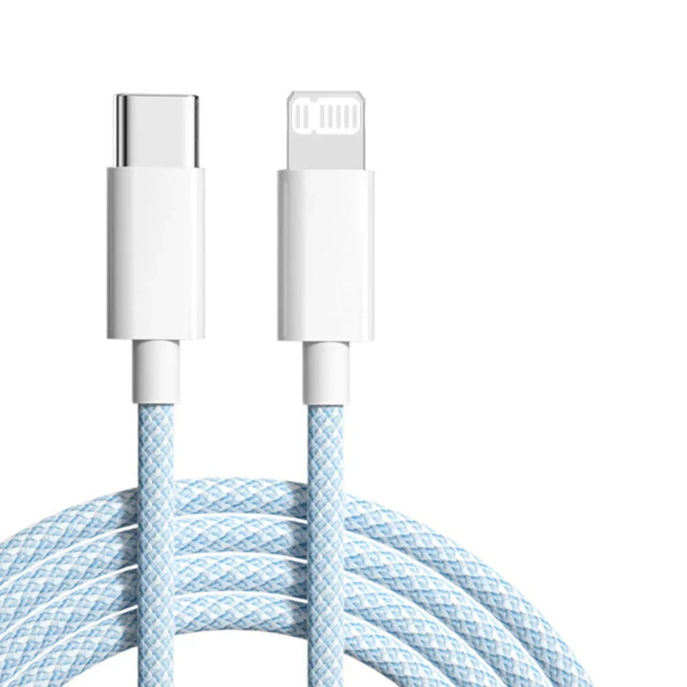 High-speed braided USB-C to Lightning cable, part of a 1+1 FREE offer for iPhone, iPad, AirPods chargers.
