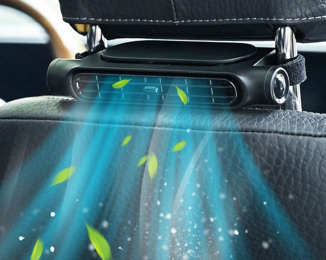 Car accessory: USB cooling fan with secure headrest attachment, 3 speeds