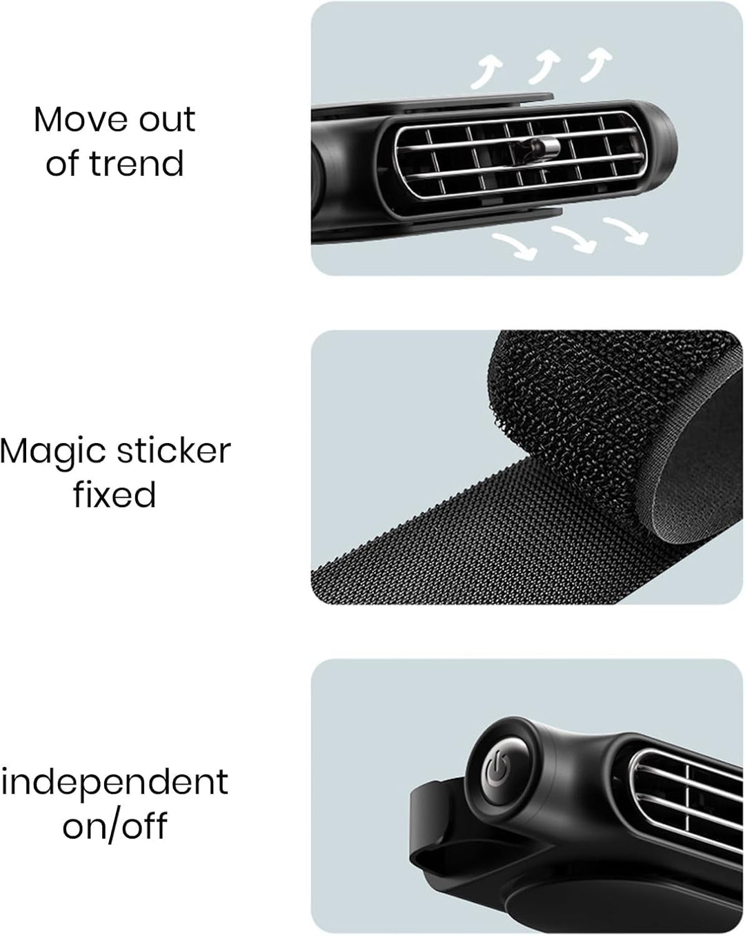 Compact USB car fan, 3-speed, easily attaches to headrest for personal cooling