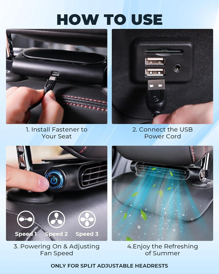 Headrest mounted USB car cooling fan, quiet operation, provides quick relief from heat