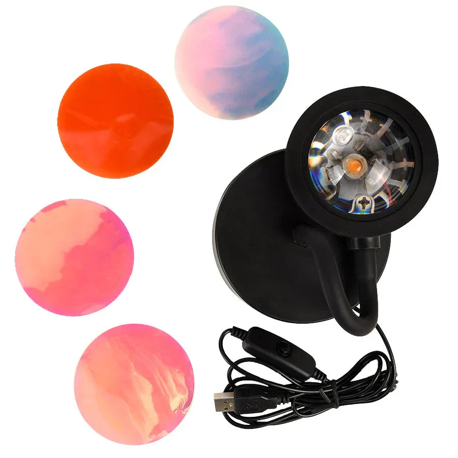 Versatile USB LED sunset projector casting a deep orange and purple hue, ideal for unique photography lighting effects