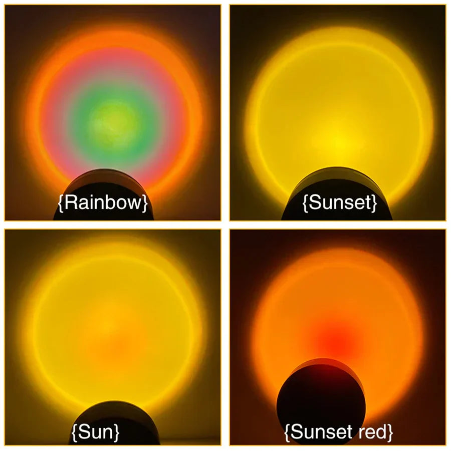 Portable USB sunset projector lamp on a desk, providing adjustable color options for a personalized mood and decor