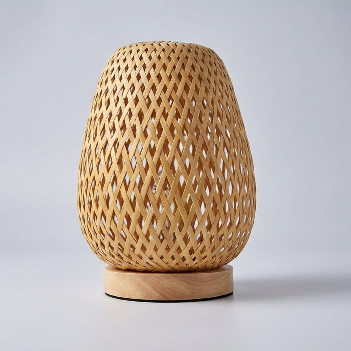 Close-up of Solivue bamboo table lamp, USB powered, showcasing sustainable design and natural material