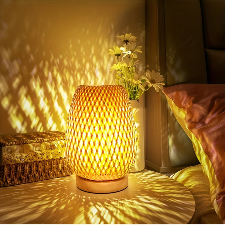 Energy-efficient Solivue bamboo table lamp, USB powered, providing unique patterned light, great for eco-friendly desk lighting.