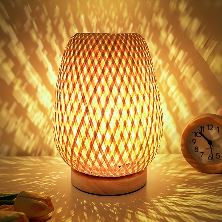 Decorative bamboo table lamp with convenient USB power, enhancing bedroom ambiance.