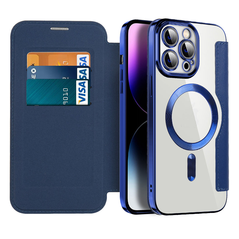 Valtrix magnetic leather flip case with RFID protection, clear back, iPhone.