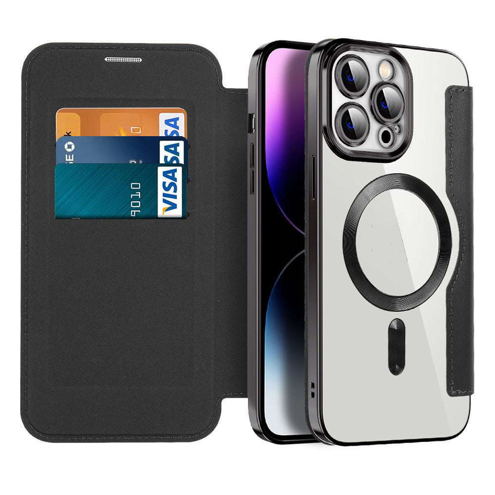 Magnetic leather flip case, RFID blocking, transparent back, phone stand feature.