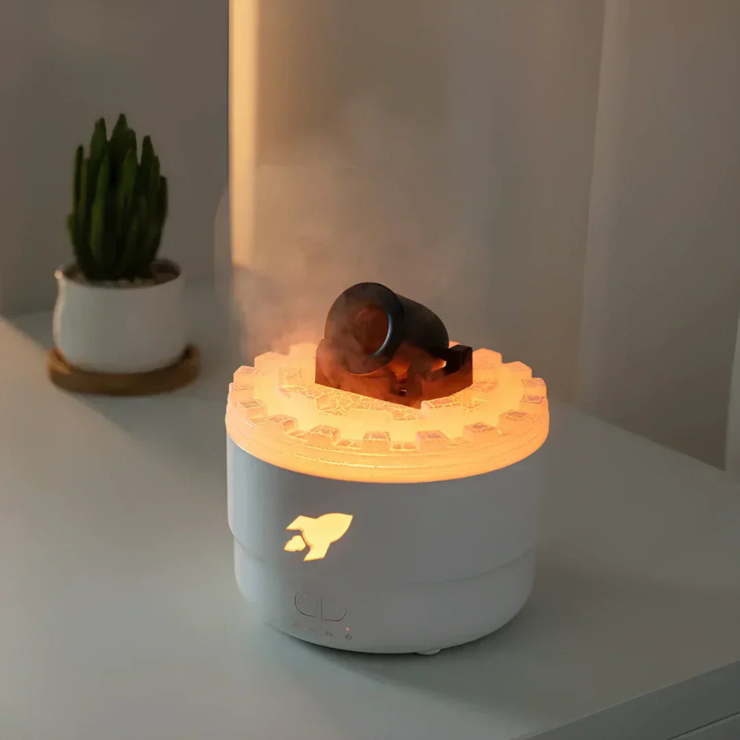 Stylish VaporBlast tower humidifier with a cannon motif, enhancing air quality silently