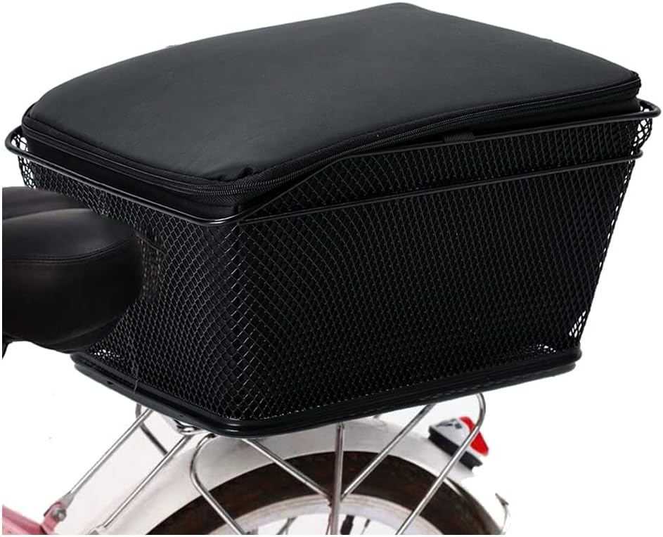 Velora waterproof rear bike basket with rain cover, black steel, on a bicycle rear rack
