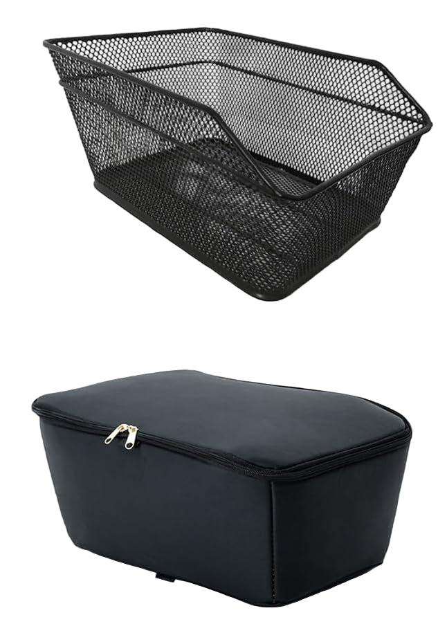Empty black waterproof Velora bike basket showing inner lining and drawstring rain cover