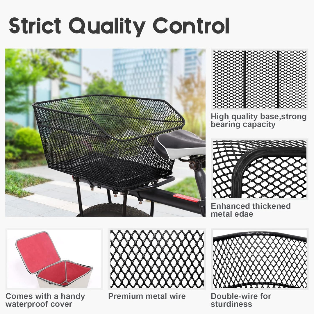 Close-up of Velora rear bicycle storage basket showing textured waterproof cover and durable steel construction