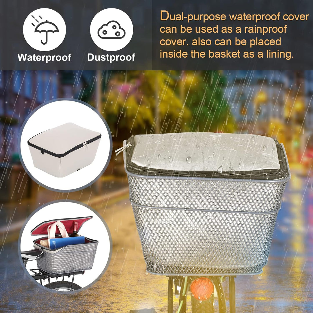 Velora waterproof cargo basket on a bike with folded rain cover tucked in, ready for use