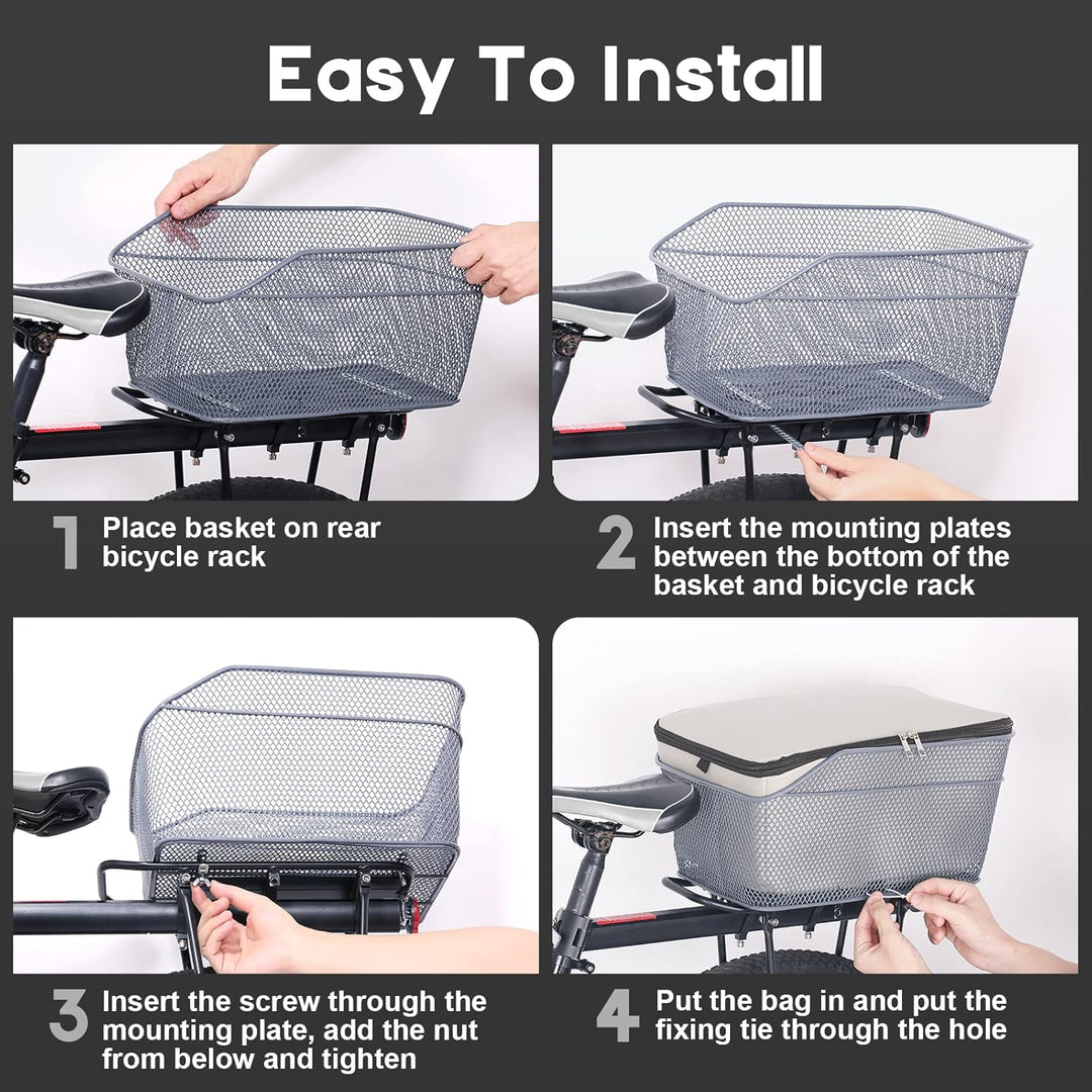 Detailed view of the Velora rear bike basket's quick-release mounting system and rain cover in use