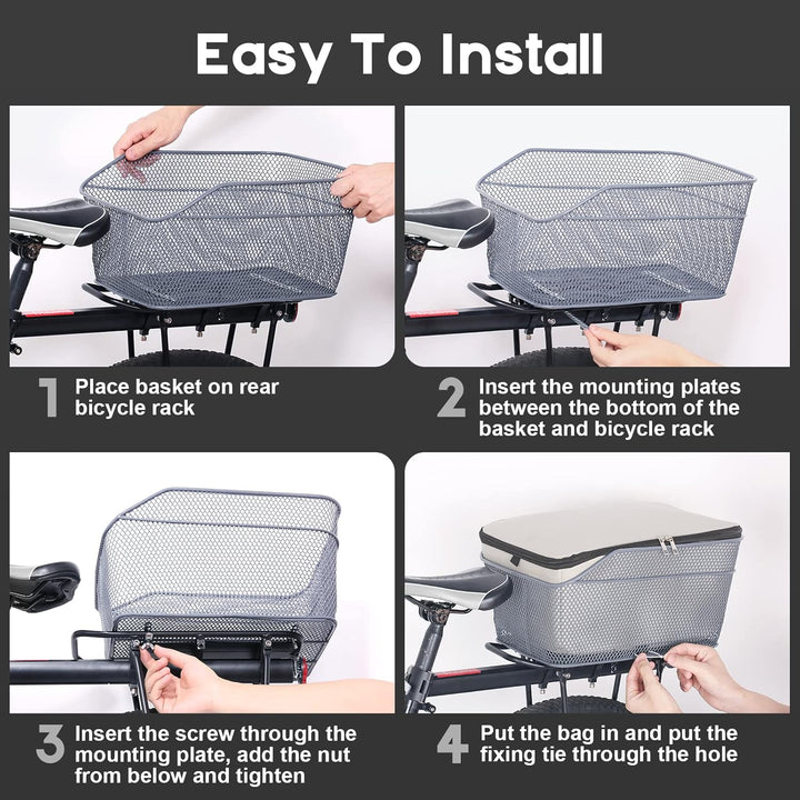 Detailed view of the Velora rear bike basket's quick-release mounting system and rain cover in use
