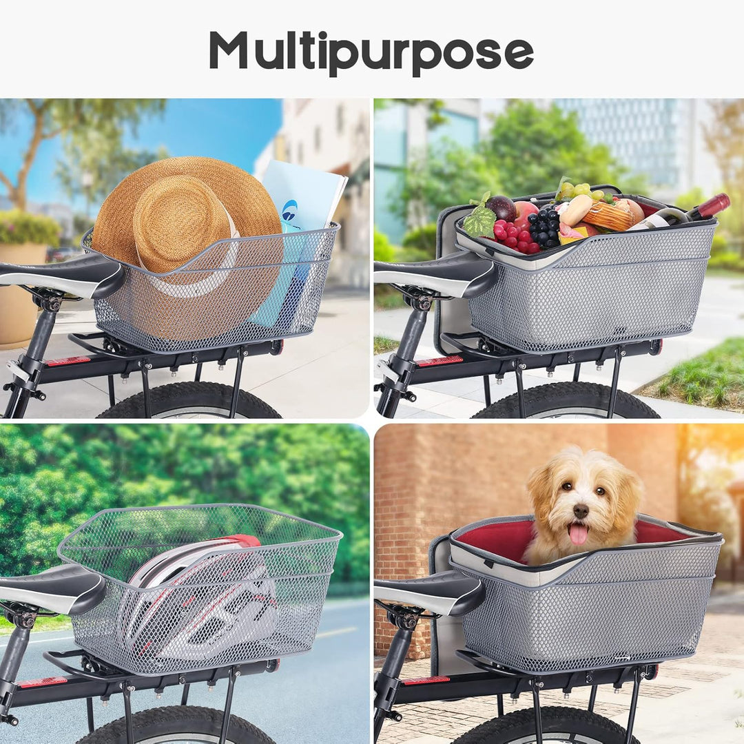 Side view of the Velora rear bike basket and rain cover, highlighting its spacious design for storage