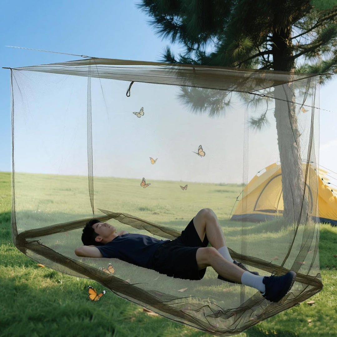Family enjoying outdoor meal under Ventora rectangular insect net canopy for patio