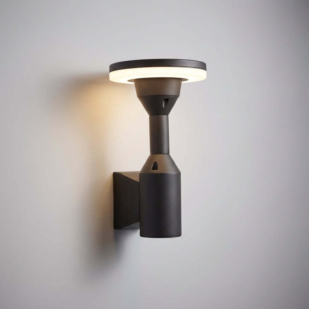 VerdiGlow modern exterior LED lamp, casting a warm glow on a residential entrance, enhancing curb appeal.