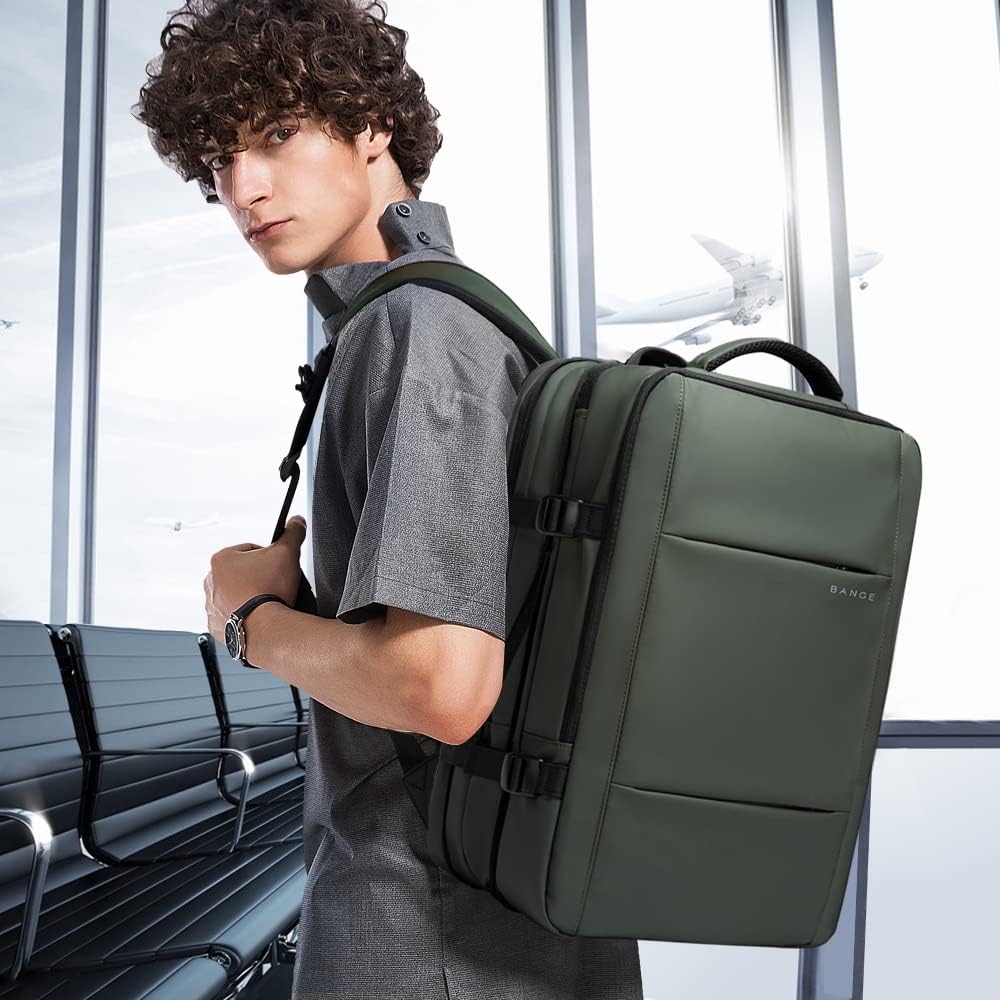 Versatile 45L waterproof travel backpack with laptop sleeve, front view, in black with anti-theft design.