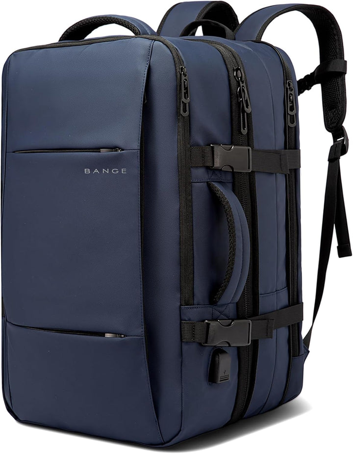 Anti-theft 45L travel backpack, close-up of hidden pocket on back panel for valuables.