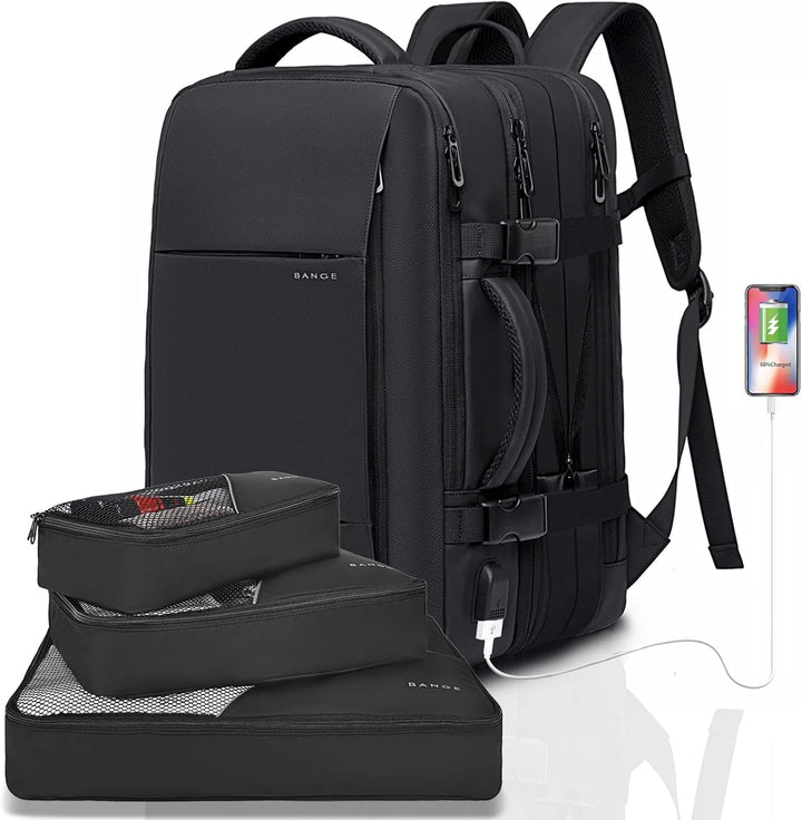 Black 45L waterproof travel backpack, against a rugged outdoor background, emphasizing durability.