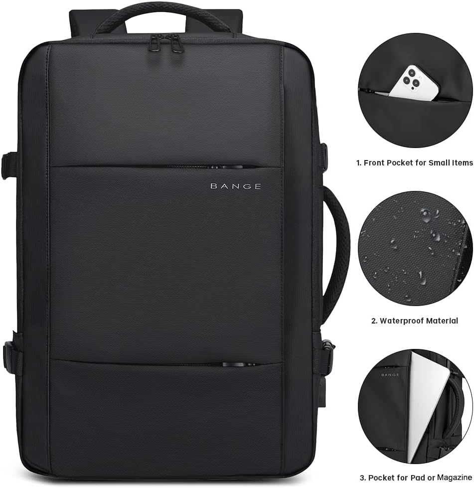 Expandable travel backpack 45L, waterproof, showing side expansion zipper for extra anti-theft storage.