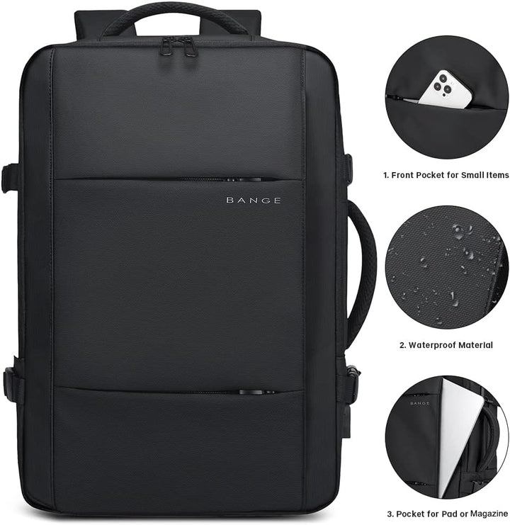 Expandable travel backpack 45L, waterproof, showing side expansion zipper for extra anti-theft storage.