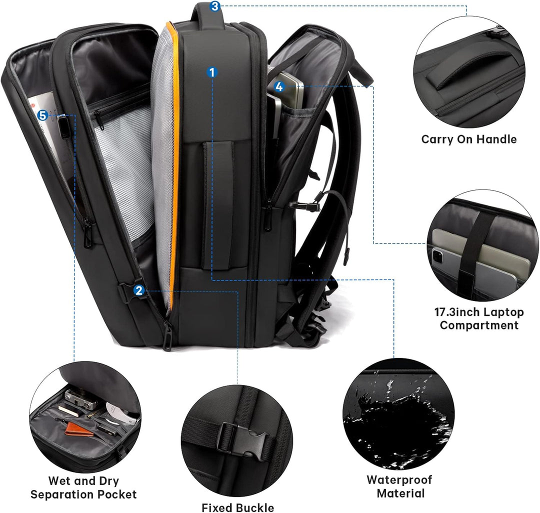Anti-theft 45L travel backpack, detail of lockable zippers for enhanced security of valuables.