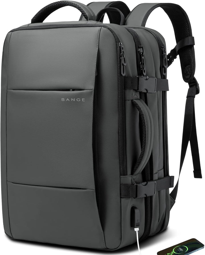 Unisex 45L travel backpack, adventurer hiking with bag, emphasizing outdoor use and comfort.