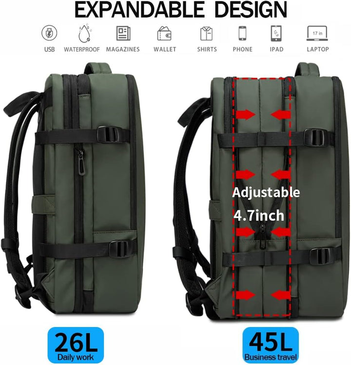 Versatile 45L waterproof travel backpack, group of friends traveling, each using the backpack.