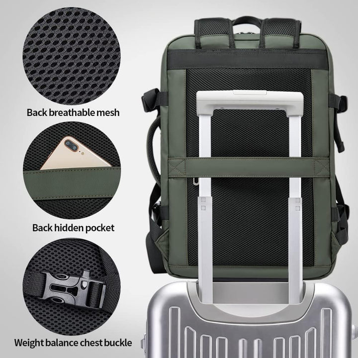 Unisex 45L travel backpack, showcasing the sternum strap and hip belt for weight distribution.
