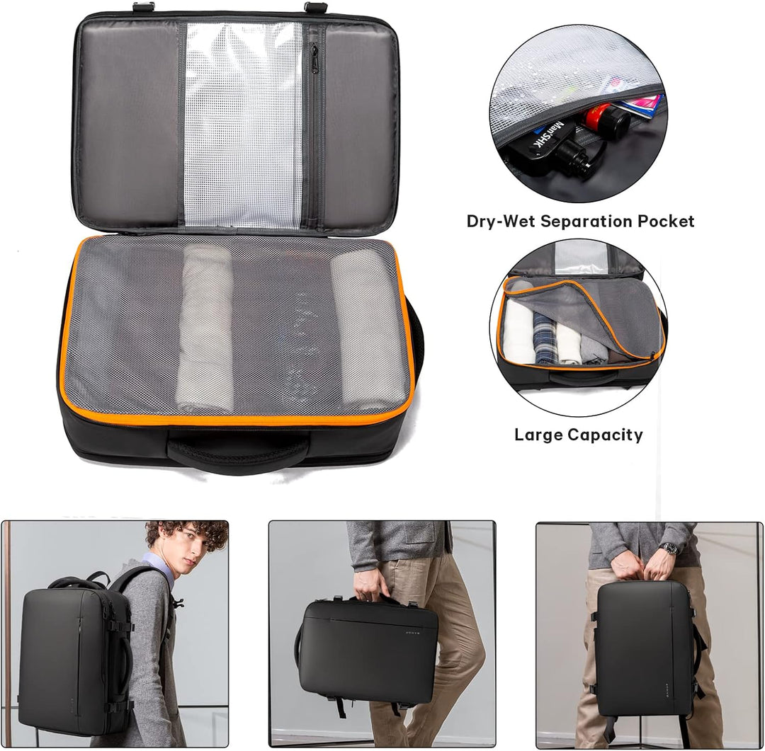 Anti-theft 45L travel luggage, side pocket open, showing space for passport and travel documents.