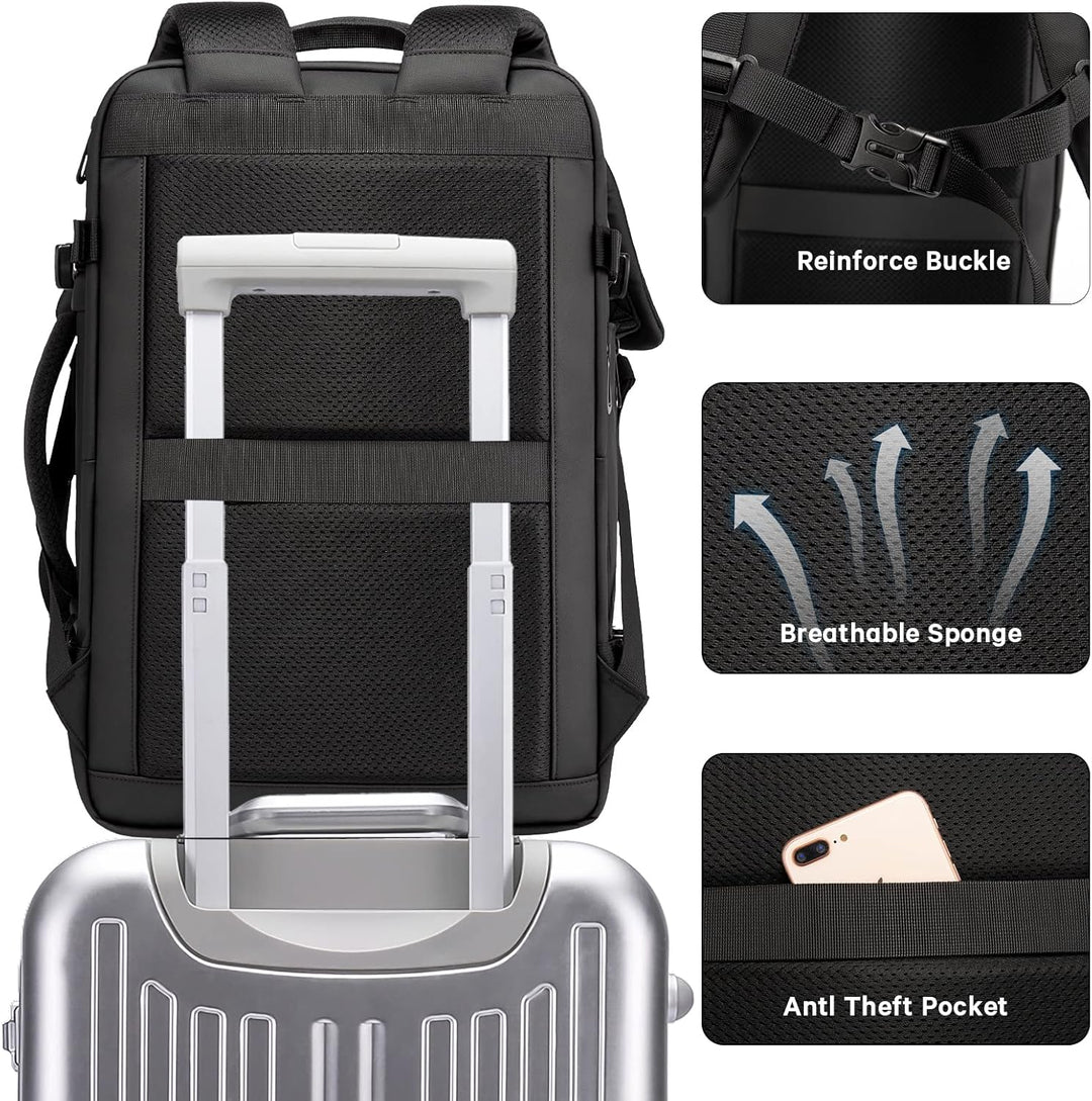 Versatile 45L waterproof travel backpack, person cycling with the bag, emphasizing active use.