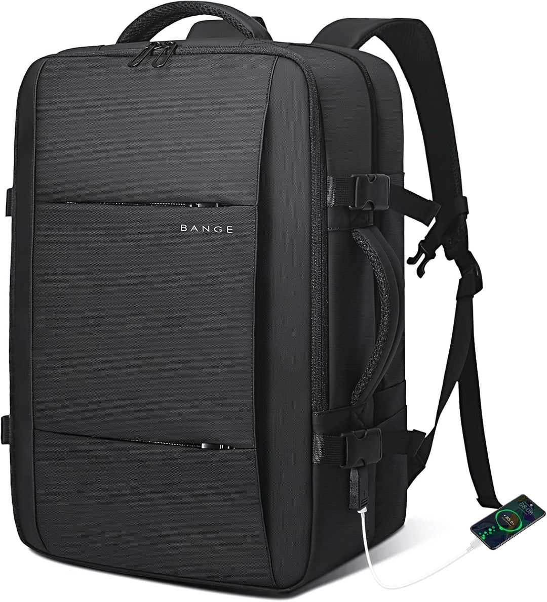 Black 45L travel laptop backpack, close-up of the brand logo on the waterproof fabric.