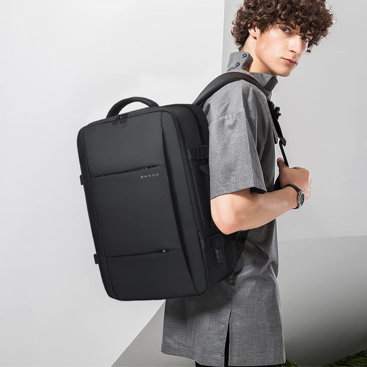 Anti-theft 45L travel luggage backpack, close-up of durable waterproof fabric and secure zippers.