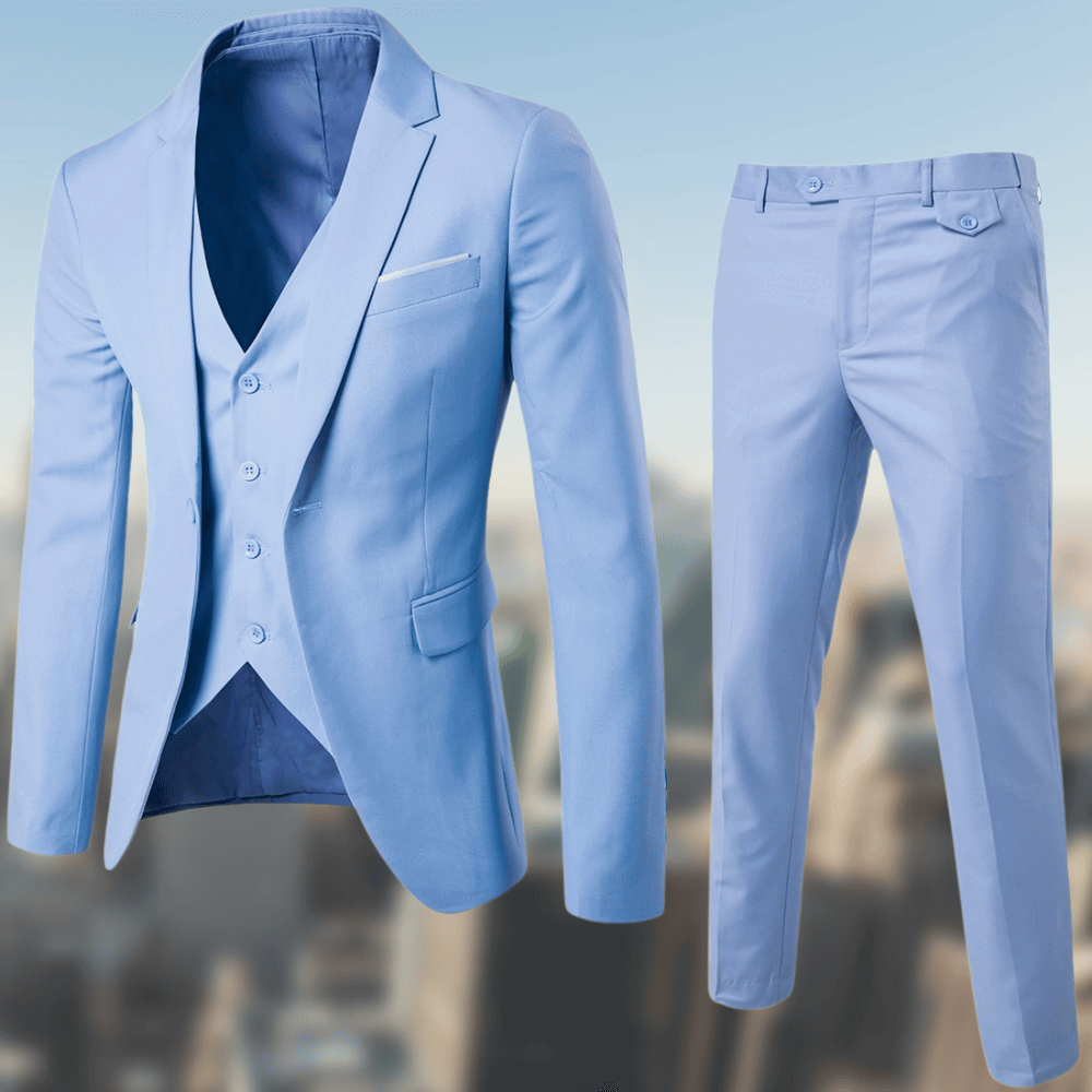 Stylish men's suit featuring a classic blazer and trousers, ideal for formal wear and office attire.